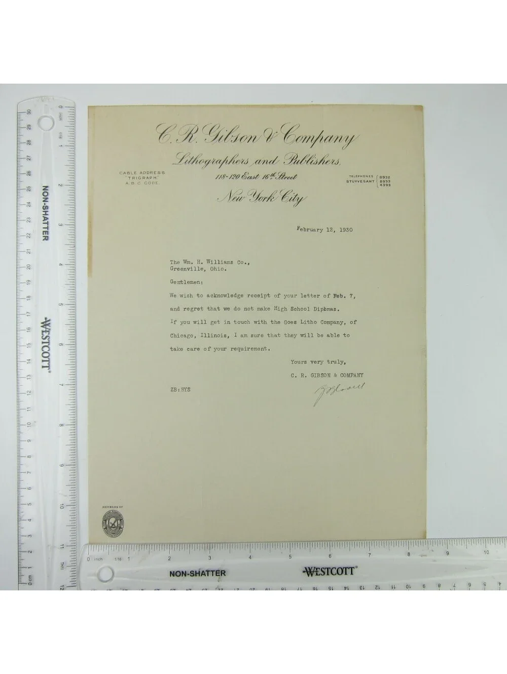 Vintage 1930 Letterhead Signed C.R. Gibson & Company Lithographer New York City